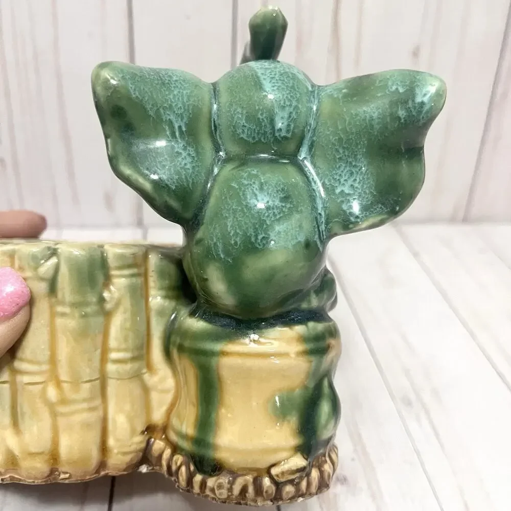 Vintage Ceramic Elephant Planter Green Glaze Bamboo Jungle MCM Kitsch 6”